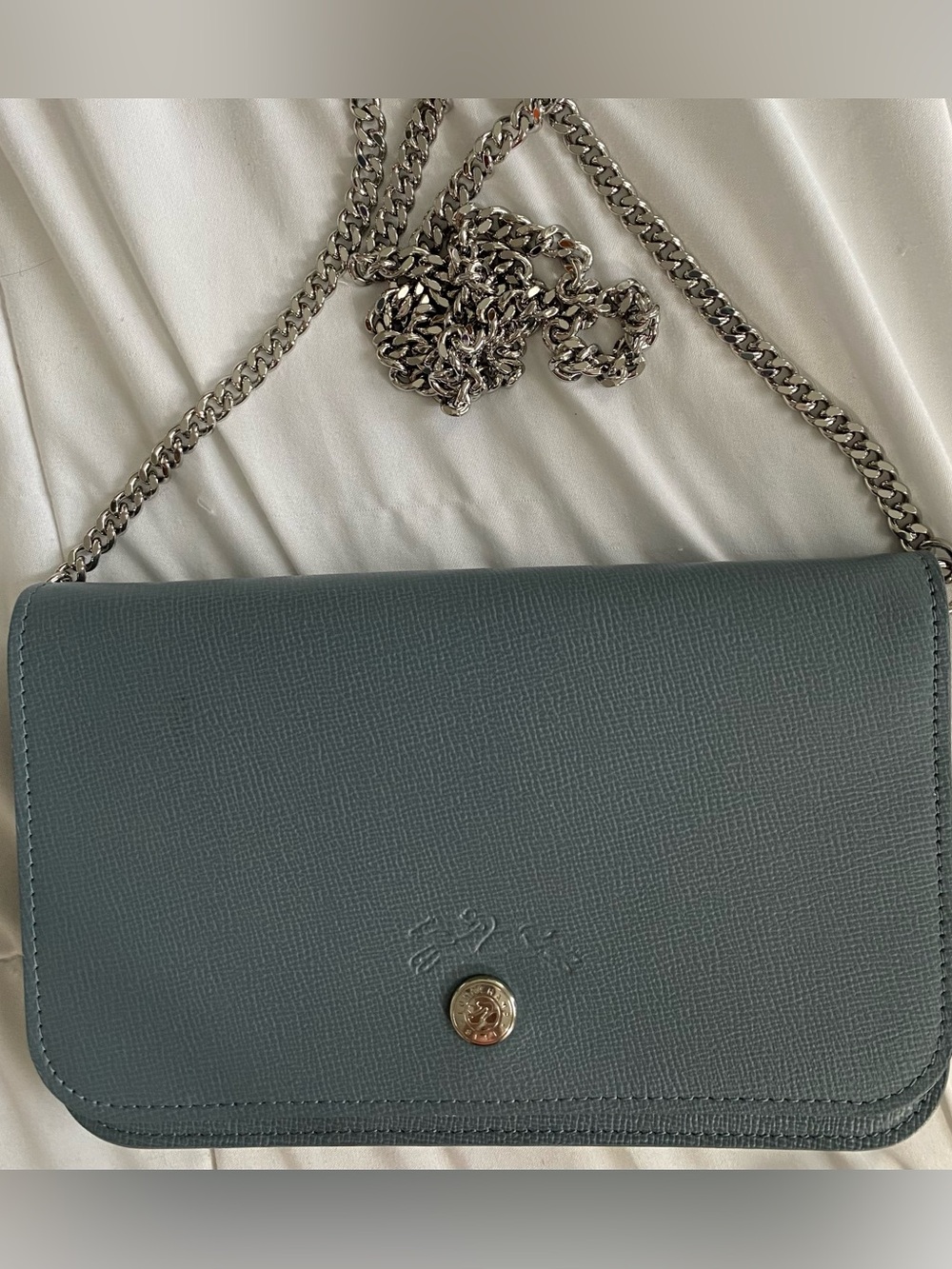 Longchamp 1948 Horse-and Rider Logo Blue Leather Chain Wallet Crossbody Bag NWOT